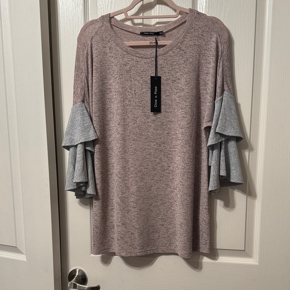 Gray and Pink Ruffle Sleeve Top